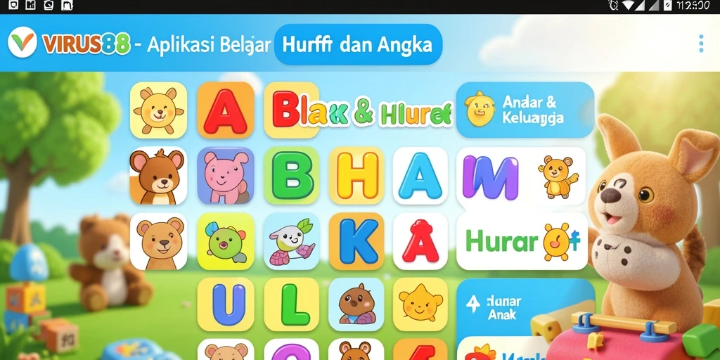 Tampilan antarmuka aplikasi VIRUS88 yang menarik untuk belajar huruf dan angka.